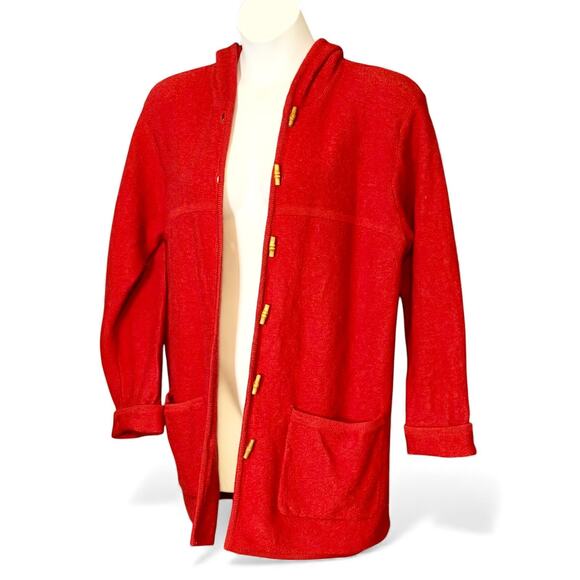 Vintage Karen Scott Pure Wool Hooded Cardigan Size L Red Toggle Sweater Coat 80s - Picture 1 of 9